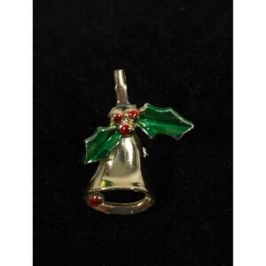 Vintage Christmas Bell Brooch Gold‎ Tone Holly Holiday Pin Retro